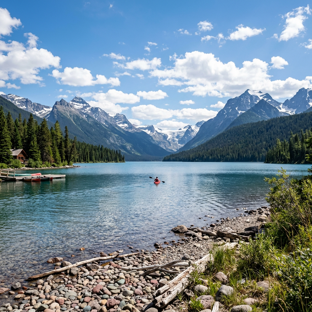 Kayaker on a mountain lake surrounded by forested, snow-capped peaks