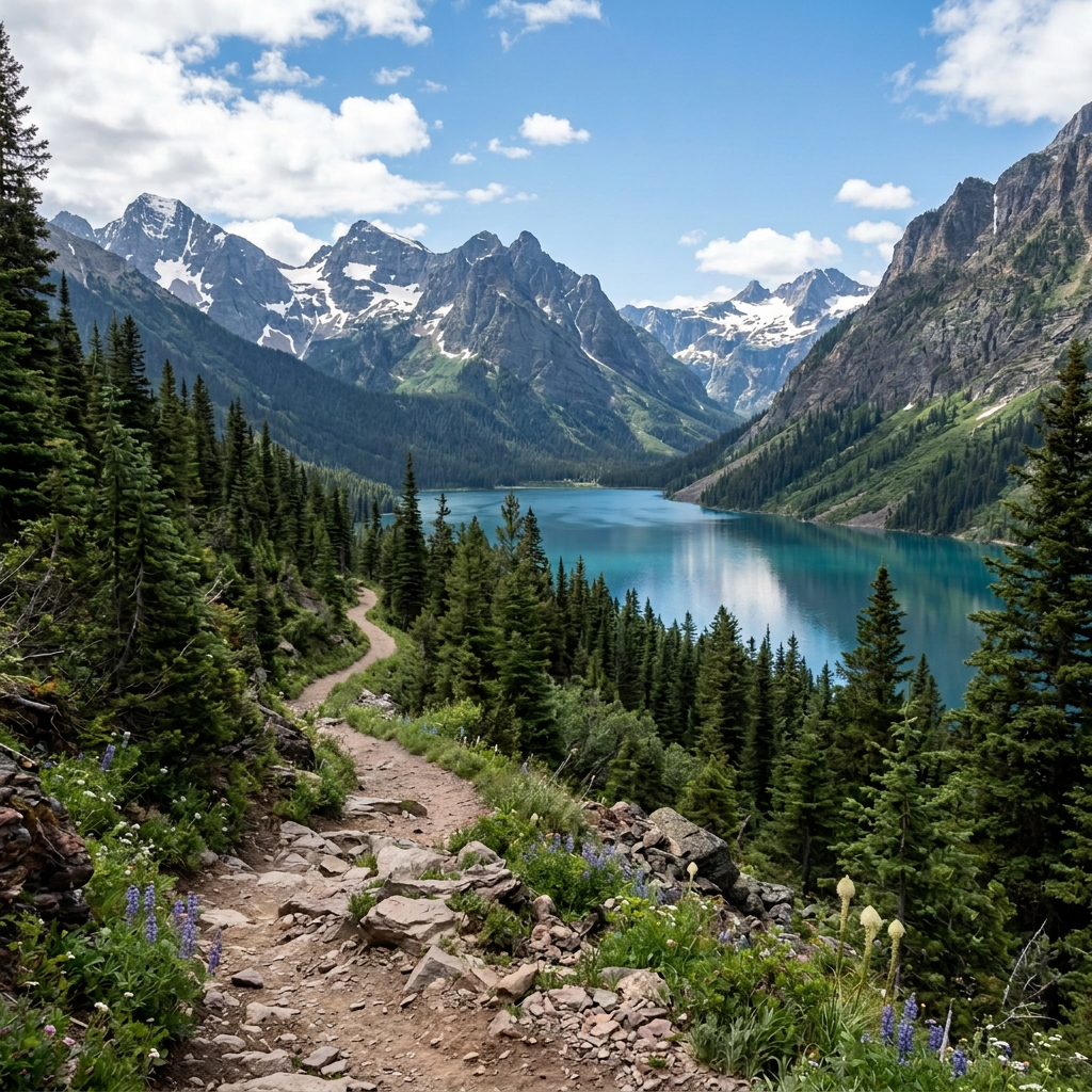 Two hikers on a rocky trail beside a turquoise alpine lake and mountains